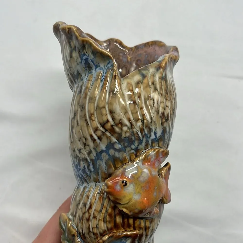Beautiful Rainbow Seashell and Fish Signed Vase